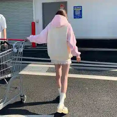 东鲸岁时记 学院风开学季初恋感小清新可爱简约国潮猫咪卡通撞色宽松插肩拉链连帽卫衣 女款 礼盒装 粉色