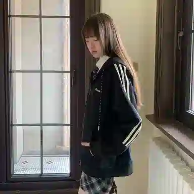 东鲸岁时记 美式复古拉链刺绣开衫连帽宽松插肩长袖夹克外套 男女同款 黑色