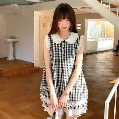 东鲸岁时记 格子海边度假休闲时尚无袖连衣裙 女款 礼盒装 蓝白格连衣裙