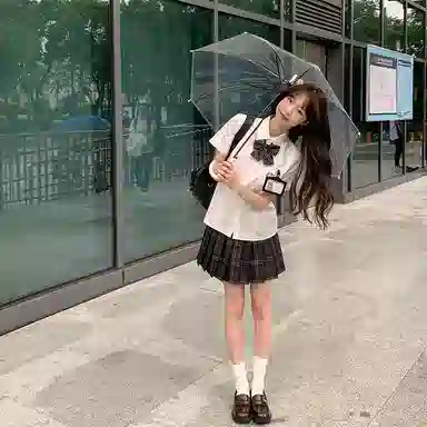 东鲸岁时记 学院风尖领褶皱上衣中腰合身可爱下衣制服 女款 白色+黑色