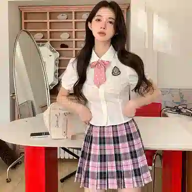 东鲸岁时记 纯色舒适修身收腰短袖衬衫百褶时尚半身裙制服 女款