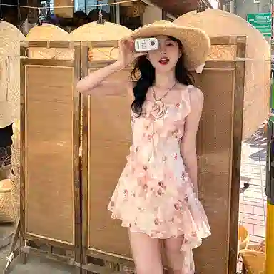 东鲸岁时记 植物花卉方领收腰吊带连衣裙 女款