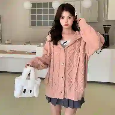 东鲸岁时记 纯色连帽单排扣学院风韩系宽松松弛感休闲开衫毛衣 男女同款 粉色