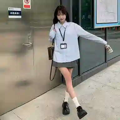 东鲸岁时记 学院风通勤日常上衣纯色高腰宽松半裙制服 女款 水蓝色