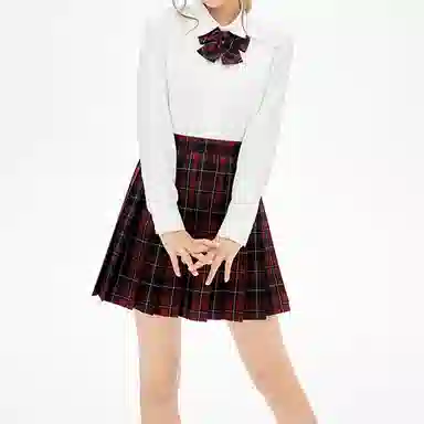 东鲸岁时记 纯色长袖衬衫百褶格纹短裙蝴蝶结制服套装 女款