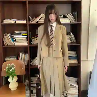 东鲸岁时记 学院风时尚纯色中腰百褶长款半身休闲长裙 女款 棕色