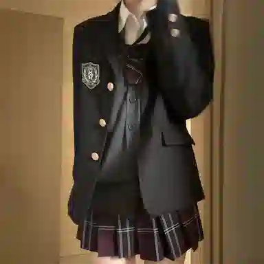 东鲸岁时记 学院风修身收腰西装高智感穿搭纯色格子百褶裙长袖衬衫针织开衫套装制服 女款