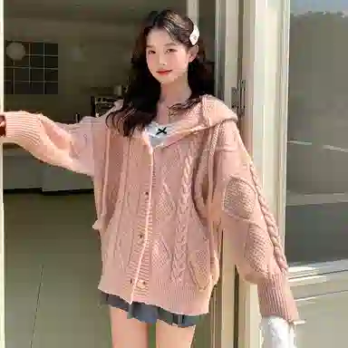 东鲸岁时记 纯色连帽单排扣学院风韩系宽松松弛感休闲开衫毛衣 男女同款 粉色