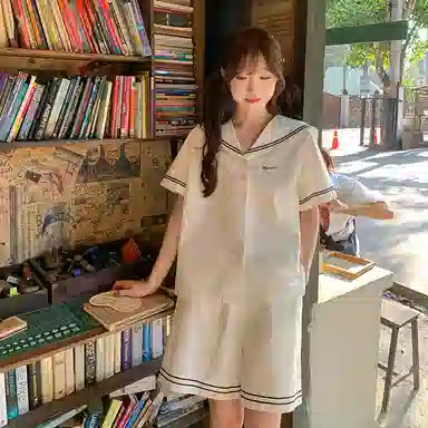 东鲸岁时记 学院风可爱甜美海军领衬衫短袖制服 女款 白色（礼盒款）