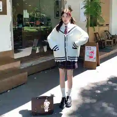 东鲸岁时记 学院风复古绞花高级感宽松休闲海军领松弛感文艺风单排扣毛衣开衫外套针织衫 春秋季 男女同款 白色