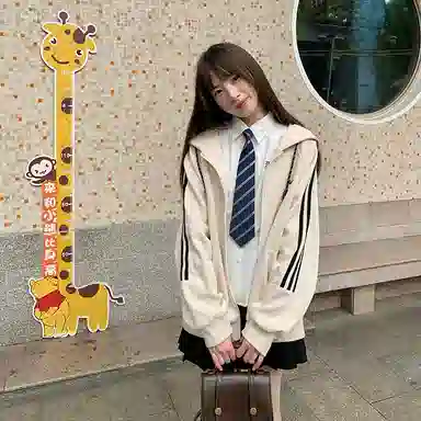 东鲸岁时记 美式复古拉链刺绣开衫连帽宽松插肩长袖夹克外套 男女同款 黑色