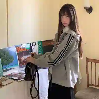 东鲸岁时记 美式复古拉链刺绣开衫连帽宽松插肩长袖夹克外套 男女同款 黑色