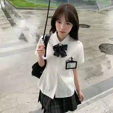 东鲸岁时记 学院风尖领褶皱上衣中腰合身可爱下衣制服 女款 白色+黑色