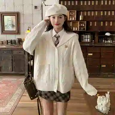 东鲸岁时记 学院风海军领复古绞花上衣毛衣外套学姐感松弛感宽松文艺风经典格纹半裙穿搭一整套裙装套装 秋冬季 女款 礼盒装 米白色