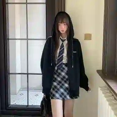 东鲸岁时记 美式复古拉链刺绣开衫连帽宽松插肩长袖夹克外套 男女同款 黑色