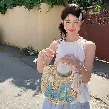 东鲸岁时记 甜美清新海边度假风挂脖拉链裙装套装 女款 礼盒装 白上衣+蓝色下裙（含内衬）