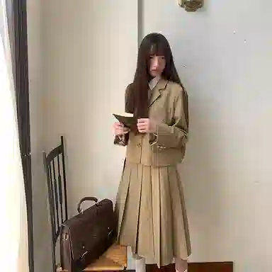 东鲸岁时记 学院风时尚纯色中腰百褶长款半身休闲长裙 女款 棕色