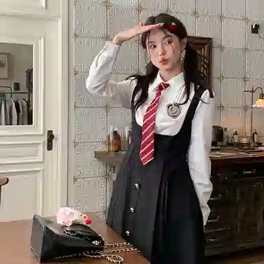 东鲸岁时记 学院风温柔学姐风职场微辣裙撞色修身收腰休闲衬衫连衣裙制服 春秋季 女款 礼盒装 黑白