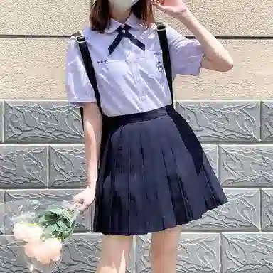 东鲸岁时记 泰式校服毕业季小清新穿搭学院风套装夏日多巴胺一整套翻领泡泡袖领结短袖衬衫纯色舒适百褶半身裙制服 女款 礼盒装