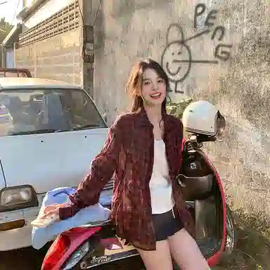 东鲸岁时记 慵懒风经典格子纯棉长袖外套衬衫 女款 红格