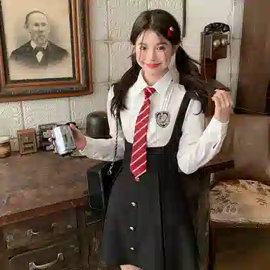 东鲸岁时记 学院风温柔学姐风职场微辣裙撞色修身收腰休闲衬衫连衣裙制服 春秋季 女款 礼盒装 黑白