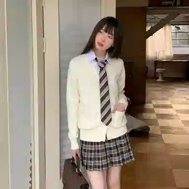 东鲸岁时记 高级感温柔学院风纯色长袖开衫针织衫格子百褶短裙制服 女款