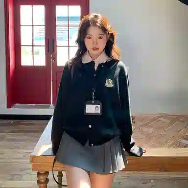 东鲸岁时记 慵懒风圆领单排扣舒适上衣中腰纯色简约短裙裙装套装 女款