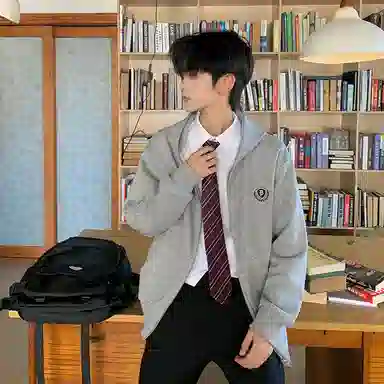 东鲸岁时记 宽松慵懒风休闲舒适开学季学生日常通勤百搭上衣外套日系简约基础款早秋学院风痞帅复古开衫拉链连帽外套卫衣 男女同款