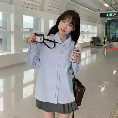 东鲸岁时记 学院风通勤日常上衣纯色高腰宽松半裙制服 女款 水蓝色