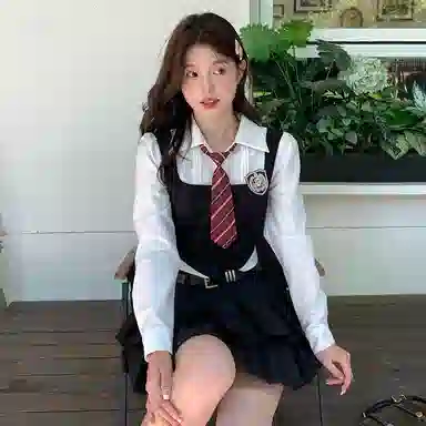 东鲸岁时记 学院风修身辣妹收腰假两件上衣学姐感文艺风纯色百褶半裙制服 春秋季 女款 礼盒装 黑色+白色