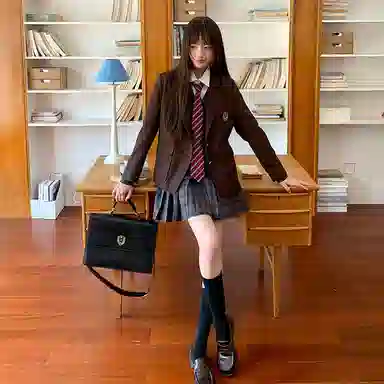 东鲸岁时记 学院风美拉德纯色徽章单排扣宽松直筒长袖西装 男女同款 棕咖色