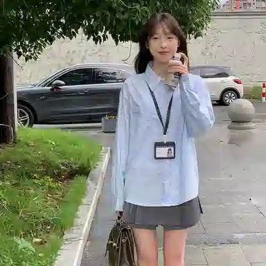 东鲸岁时记 学院风通勤日常上衣纯色高腰宽松半裙制服 女款 水蓝色