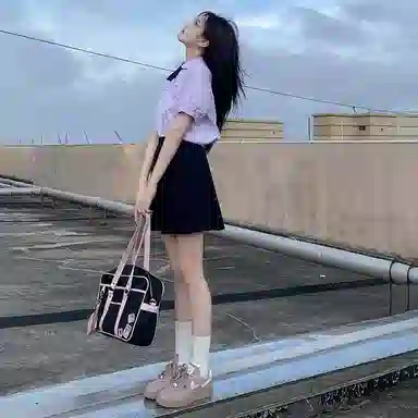 东鲸岁时记 泰式校服毕业季小清新穿搭学院风套装夏日多巴胺一整套翻领泡泡袖领结短袖衬衫纯色舒适百褶半身裙制服 女款 礼盒装