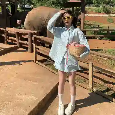 东鲸岁时记 慵懒风长袖衬衫高级感超好看独特宽松短裤休闲套装 女款 蓝色