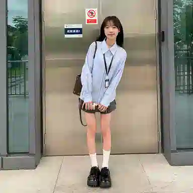 东鲸岁时记 学院风通勤日常上衣纯色高腰宽松半裙制服 女款 水蓝色