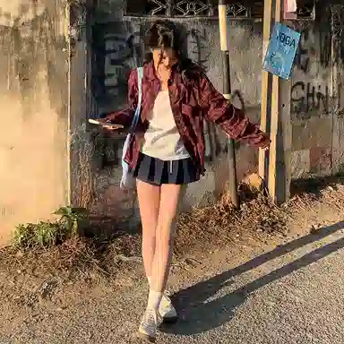 东鲸岁时记 防晒长袖宽松慵懒风裙装套装 女款 礼盒装 甜莓假日复古红衬衫/藏青色裙裤