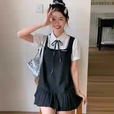 东鲸岁时记 纯色适中修身短袖连衣裙 女款 黑色