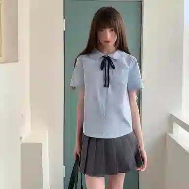 东鲸岁时记 学院风短袖衬衫显瘦百褶裙制服 女款 蓝/灰