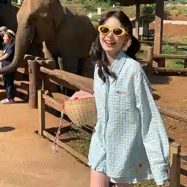 东鲸岁时记 慵懒风长袖衬衫高级感超好看独特宽松短裤休闲套装 女款 蓝色