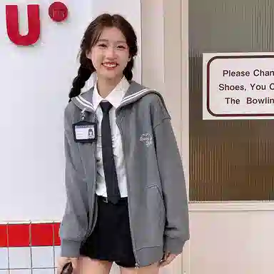 东鲸岁时记 学院风海军领休闲长袖外套基础款条纹分割松弛感字母刺绣简约纯色伯克百褶裙裤卫衣套装 女款