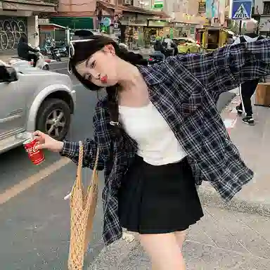 东鲸岁时记 格子长袖衬衣外套纯色百搭舒适裙裤裙装套装 女款