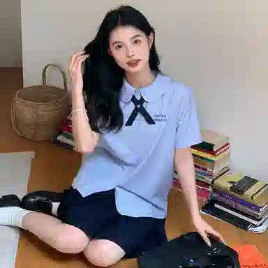 东鲸岁时记 学院设计感短袖泰式校服衬衫 女款 蓝色