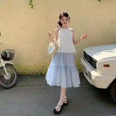 东鲸岁时记 甜美清新海边度假风挂脖拉链裙装套装 女款 礼盒装 白上衣+蓝色下裙（含内衬）