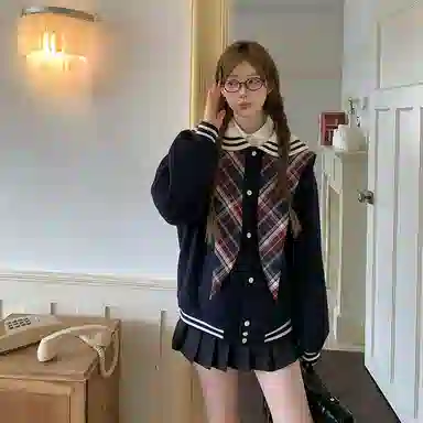 东鲸岁时记 开学季女优雅简约学院风穿搭长袖棒球服纯色半裙内搭花边小裙子学生日常甜美可爱裙装套装 女款 礼盒装