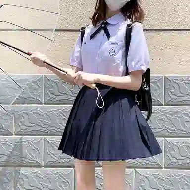 东鲸岁时记 泰式校服毕业季小清新穿搭学院风套装夏日多巴胺一整套翻领泡泡袖领结短袖衬衫纯色舒适百褶半身裙制服 女款 礼盒装