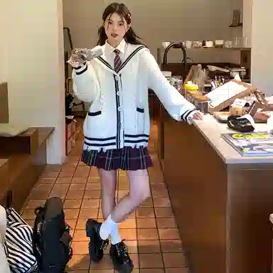 东鲸岁时记 学院风复古绞花高级感宽松休闲海军领松弛感文艺风单排扣毛衣开衫外套针织衫 春秋季 男女同款 白色