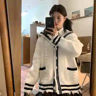 东鲸岁时记 学院风复古绞花高级感宽松休闲海军领松弛感文艺风单排扣毛衣开衫外套针织衫 春秋季 男女同款 白色