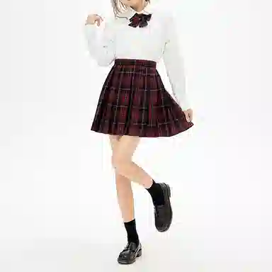 东鲸岁时记 纯色长袖衬衫百褶格纹短裙蝴蝶结制服套装 女款