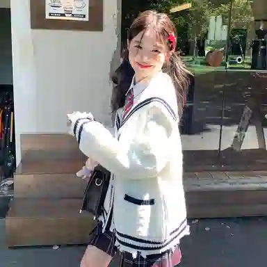 东鲸岁时记 学院风复古绞花高级感宽松休闲海军领松弛感文艺风单排扣毛衣开衫外套针织衫 春秋季 男女同款 白色