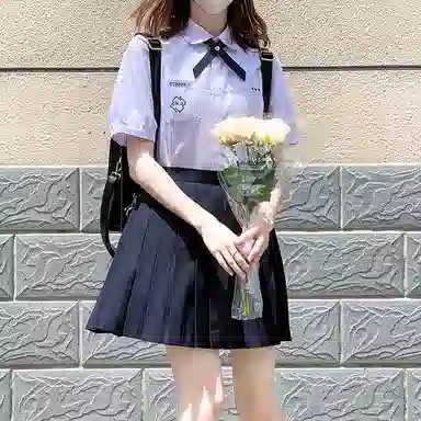 东鲸岁时记 泰式校服毕业季小清新穿搭学院风套装夏日多巴胺一整套翻领泡泡袖领结短袖衬衫纯色舒适百褶半身裙制服 女款 礼盒装